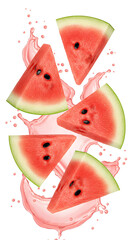 watermelon slices falling down with watermelon juice PNG. Fresh and organic watermelon juice with watermelon fruit watermelon flying isolated.. watermelon fruit isolated