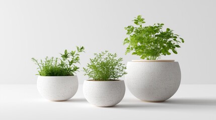 Fototapeta premium Three ceramic pots with lush green plants, minimalist and natural aesthetic