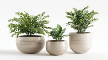 Three ceramic pots with lush green plants, minimalist and natural aesthetic