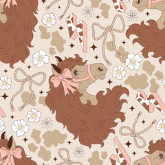 Wild West Cowgirl Rodeo girly Coquette horse with a bow and lasso rope on a cow spots printed background Seamless Pattern. Feminine Western Style Boho Floral Vector Print for textiles, wallpapers