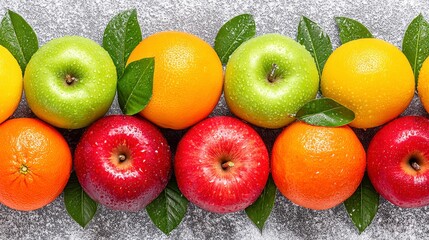 Vibrant Still Life Featuring Assorted Fruits Dusted With Shimmering Specks and Green Leaves