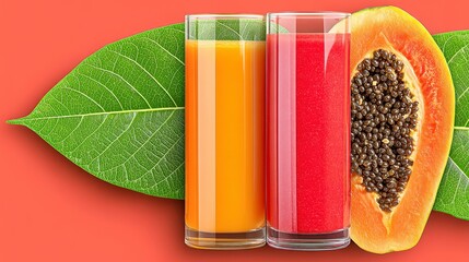 Vibrant Still Life with Orange and Red Juice Papaya and Green Leaf on Coral Background