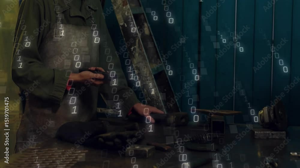 Aufkleber binary bits flowing across workshop activating metalworker inspecting grinder then scrolling phone