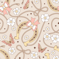 Coquette Pastel Boho Western Vector Seamless Pattern with luckyHorseshoe, Bow Rope Lasso, Flowers and Butterfly. Cowgirl Wild West Girlish floral background. Perfect for textiles, wallpapers, digital