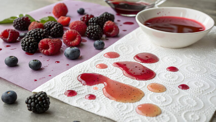 Mixed Berries With Colorful Juice Stains On White Paper