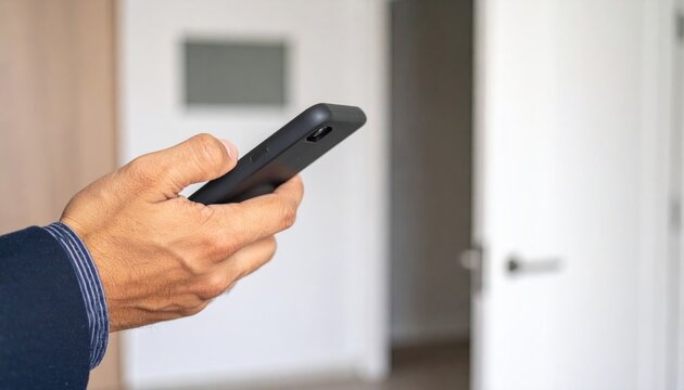 Hand man closely with the phone, the businessman uses the application on the smartphone to opening door opening of the house 
