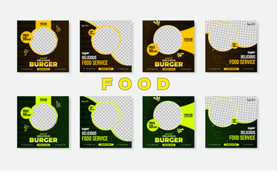 Set of Editable square banners. Food instagram post template design. Suitable for Social Media Post Restaurant and culinary Promotion. Yellow background color with stripe line shape vector