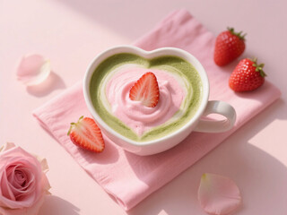Romantic top-down view of matcha latte with pink strawberry foam in heart-shaped cup on pastel linen napkin, surrounded by fresh strawberries and rose petals with warm soft light