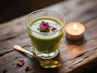 Rustic wood table with elegant matcha glass infused with rose water, topped with dried rose petals, golden spoon, glowing candlelight creating soft dreamy moody warm tones background