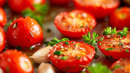 Close up of roasted cherry tomatoes seasoned with garlic, herbs, and olive oil.  A delicious and healthy food photography concept.