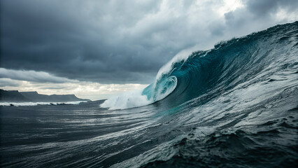 Perfect Ocean Barrel Wave Breaking With Stormy Clouds