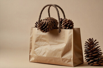 Brown Paper Shopping Bag with Pine Cone on Beige Background, Eco-Friendly Natural Style