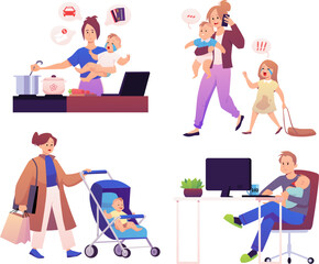 Parenthood scenes vector set, busy parents doing things with children, shopping, working and walking with crying baby
