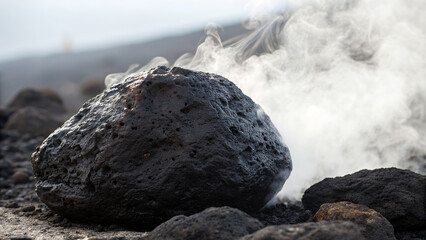 Steaming Volcanic Rock On Dark Mountain Landscape