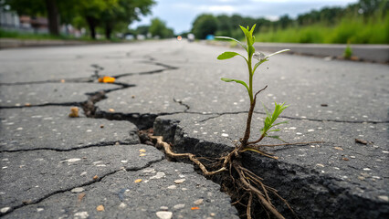 Green Plant Growing Through Asphalt Crack On City Road