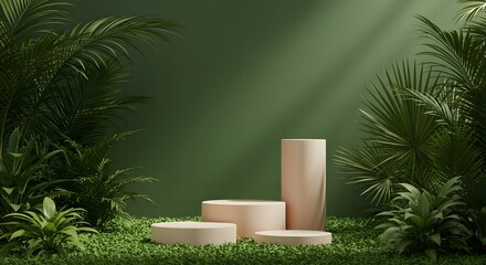 Serene Tropical Product Display Minimalist Green Background with Lush Foliage and Elegant Platforms