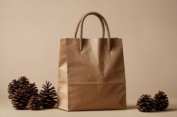Brown Paper Shopping Bag with Pine Cone on Beige Background, Eco-Friendly Natural Style