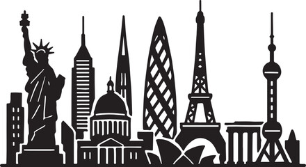 Illustrate black and white vector city skylines with famous architecture silhouettes from around the world.
