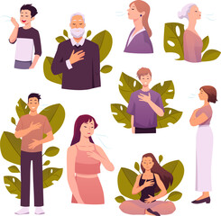 People different ages making calm breathing exercise on floral backdrop, holding chest and stomach vector illustration