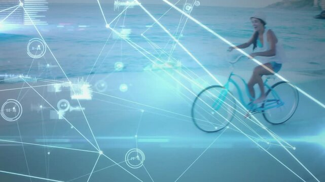 Network emerging, woman cycling through converging data nodes tracking speed for technology