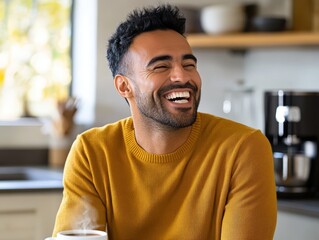 Fototapeta premium Cheerful Man Enjoying a Cozy Coffee Moment in the Kitchen