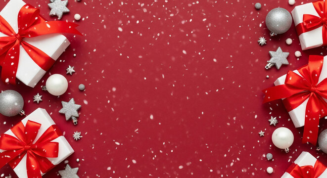 christmas background with gift box and red ribbon stras christmas red background