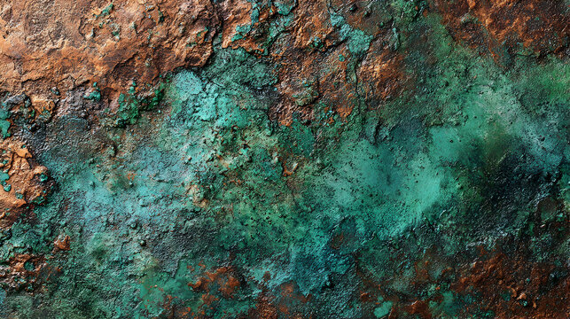 Abstract texture of aged metal surface with rust and green patina background, nature corrosion