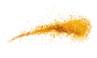 Flying turmeric powder isolated on white background, turmeric powder pile, top view of spice, vibrant yellow spice, organic turmeric, culinary ingredients, healthy powder spice vector illustration.