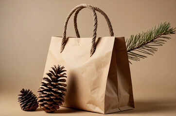 Brown Paper Shopping Bag with Pine Cone on Beige Background, Eco-Friendly Natural Style