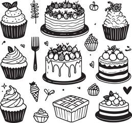 Hand-Drawn Wedding and Birthday Cake & Cupcake Doodle Set