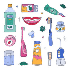 Lovely colored doodle dental hygiene set for white teeth, refreshing breath, healthy gums, bleaching enamel. Cute hand drawn dentistry line concept collection for perfect smile isolated on background.