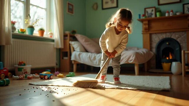 Determined girl engages in cleaning the floor with a broom twice her size. Toys and crumbs are scattered around her in an inviting living room filled with warmth and sunlight.