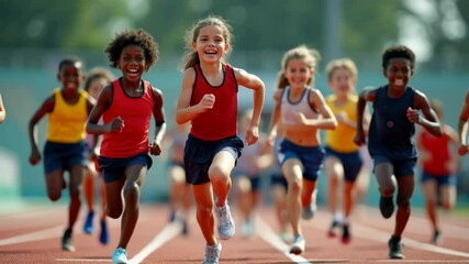 Excited kids racing on track, showcasing diverse teamwork and determination during a sunny afternoon sprint - Powered by Adobe