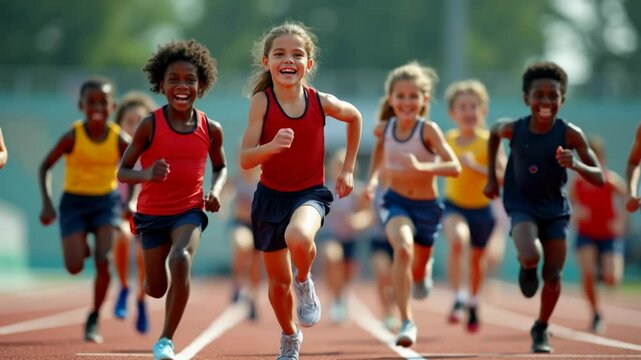 Excited kids racing on track, showcasing diverse teamwork and determination during a sunny afternoon sprint
