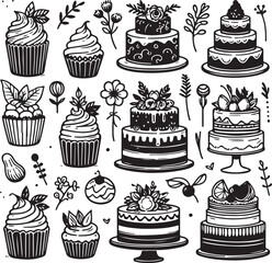 Hand-Drawn Wedding and Birthday Cake & Cupcake Doodle Set