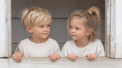  Precious Children Are Looking With Innocent Eyes Adorable Twins Enjoy A Beautiful Summer Moment