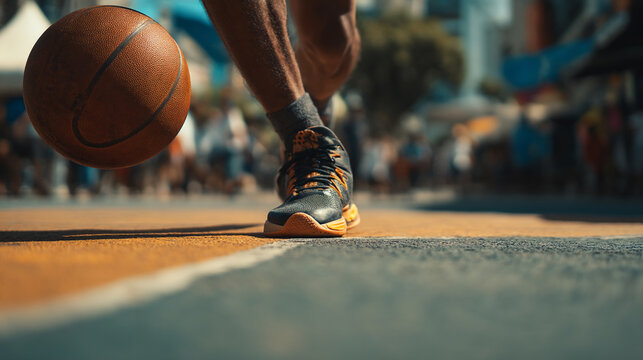 Dynamic Street Basketball Action: Vibrant Athletes in Motion on Urban Courtyard