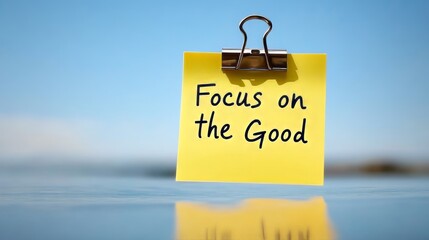 Focus on the Good Yellow Sticky Note with Inspirational Message and Water Reflection