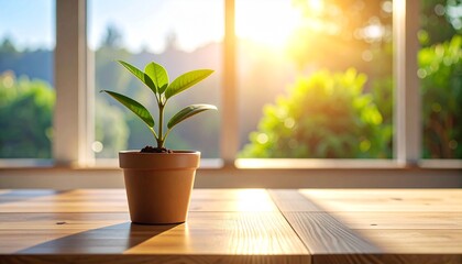 Fototapeta premium A Green Sprout in Pot on Wooden Table Growing in Bright Sunlight
