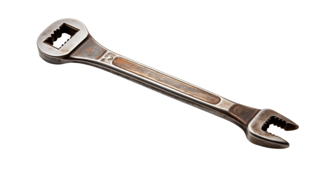 Vintage metal open-end wrench, isolated on transparent background