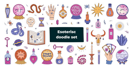 Big colorful doodle esoteric and wizard set with magician potion, spell book, crystal ball with prophecy, astrology icons. Lovely hand drawn Halloween graphic for tattoo, design, web, print.
