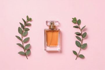 Amber Perfume Bottle with Eucalyptus Leaves on Pastel Pink Background, Elegant Luxury Fragrance