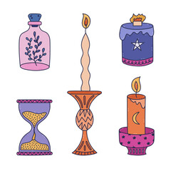 Lovely multicolor esoteric set for mystery ritual. Cute hand drawn burning candle in vintage candlestick, antique sandglass, wizard vial with herb. Magical aura doodle elements isolated on white.