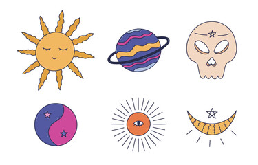 Lovely coloured doodle astrology and occult set with esoteric sun with wavy rays, crescent moon, all seeing eye, human skull, yin yang. Hand drawn mystic cosmic doodle isolated on white background.