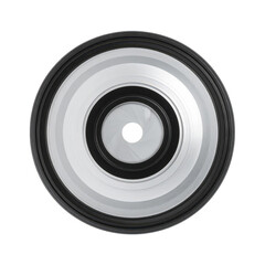 Close-up of a modern circular black and white speaker with concentric s and central hole isolated on white background for music, sound, o, and entertainment themes