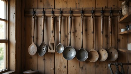 Rustic kitchen utensils hanging on wall wooden
