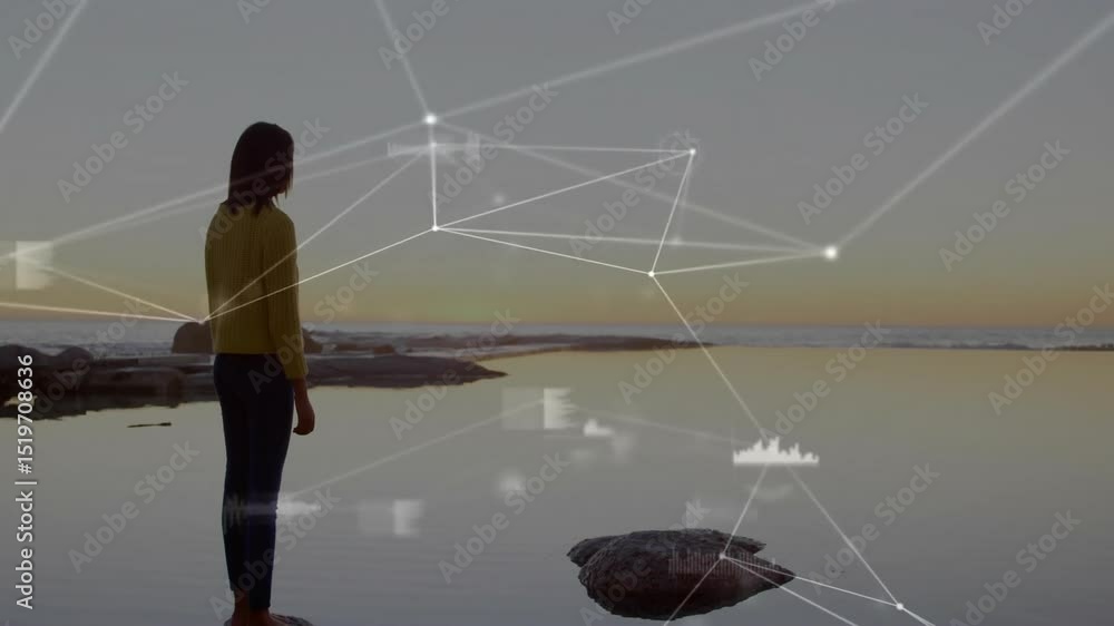 Poster stepping onto rock at dusk woman launching tech mesh overlay with pulsing hud nodes mapping horizon