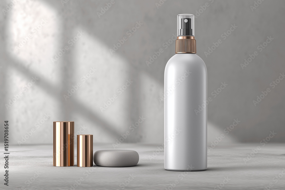 Poster a bottle of perfume is sitting on a table next to two small rocks. the bottle is white and has a gol