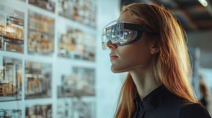 woman augmented reality glasses vr, architecture plans, virtual digital information building model, future planning and building
