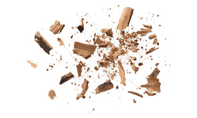 Organic texture of crushed tree bark and wood pieces, isolated on white, rustic top view, natural surface, nature-inspired, earthy tones, wooden elements vector illustration.